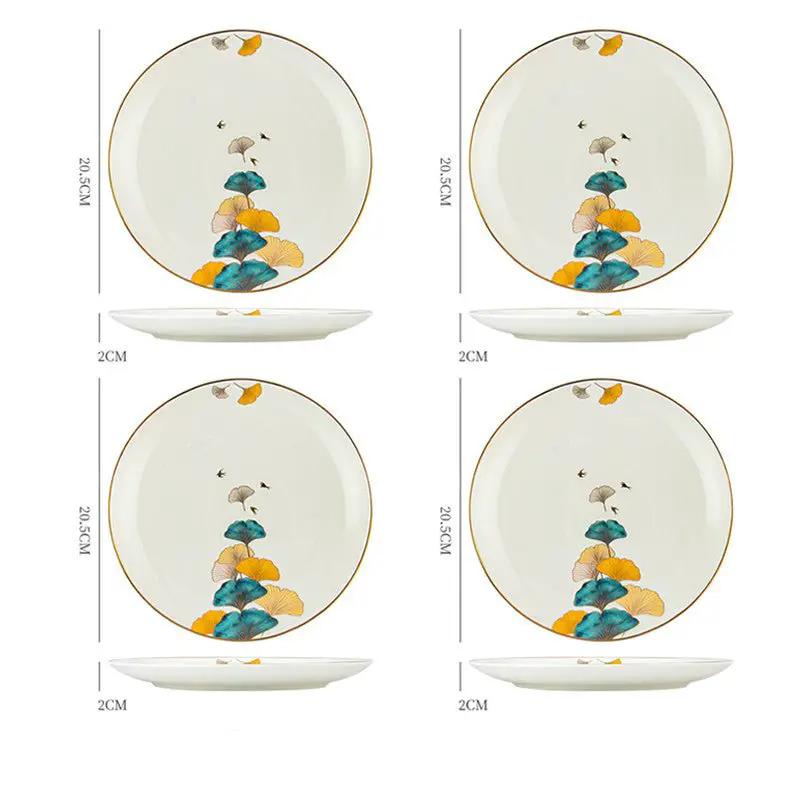 Nordic Style Porcelain Dinner Plates Set Ceramic Round Plates With Plants And Flowers Design by null