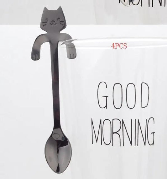 304 Stainless Steel Cat Handle Coffee Spoon With Hanging Hole Cartoon Design Colorful Options by null