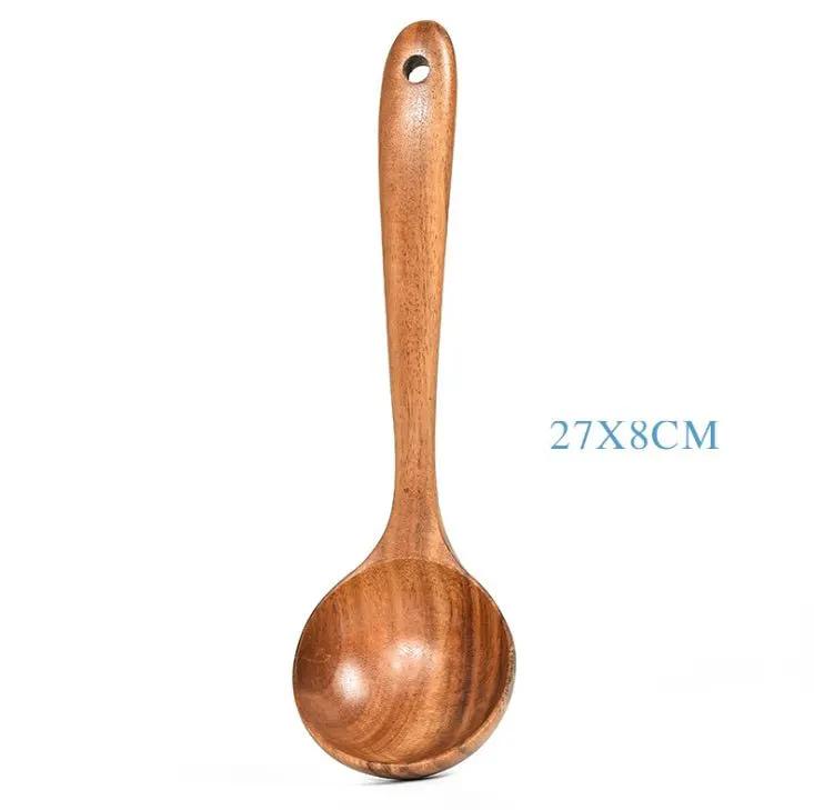 Teak Natural Wood Tableware Utensil Set With Spatulas Ladle Colander Rice Spoon And Soup Spoons by null