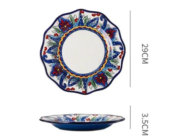 Bohemian Underglaze Ceramic Bowls Round Floral Design Artisanal Dinnerware Set For Everyday Table Decor by null