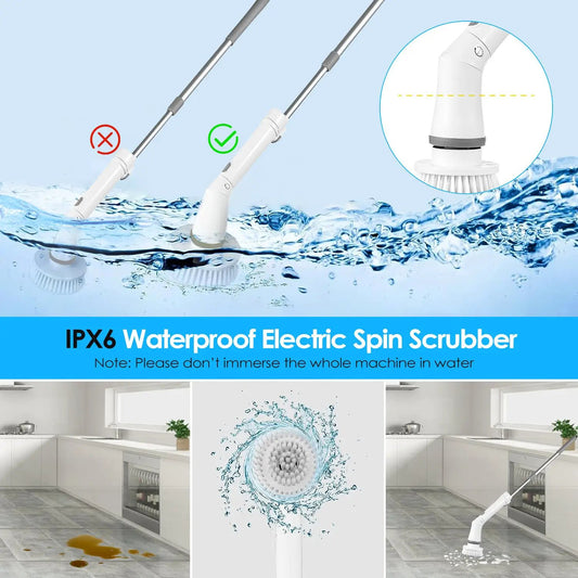 Electric Spin Scrubber Cordless Rechargeable Telescopic Cleaning Brush With 6 Replaceable Heads And Dual Speed by null