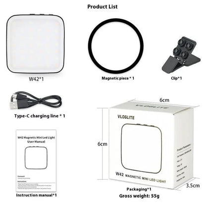 W42 Mini Fill Light For Mobile Phone Magnetic Clip On Live Streaming Light With Built In Battery 5.7cm Size by null