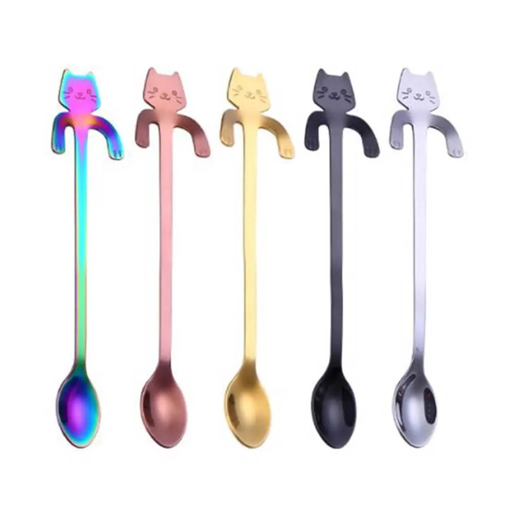 304 Stainless Steel Cat Handle Coffee Spoon With Hanging Hole Cartoon Design Colorful Options by null