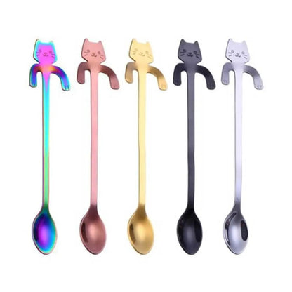 304 Stainless Steel Cat Handle Coffee Spoon With Hanging Hole Cartoon Design Colorful Options by null