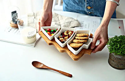 4 Piece Christmas Tree Ceramic Plates Set With Bamboo Stand For Holiday Serving Decoration And Gift by null