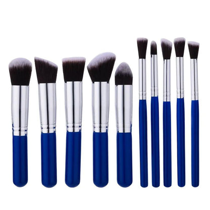 10 Piece Makeup Brush Set Nylon Bristles Wood Handle Portable Case Pink And Blue Tools For Foundation by null