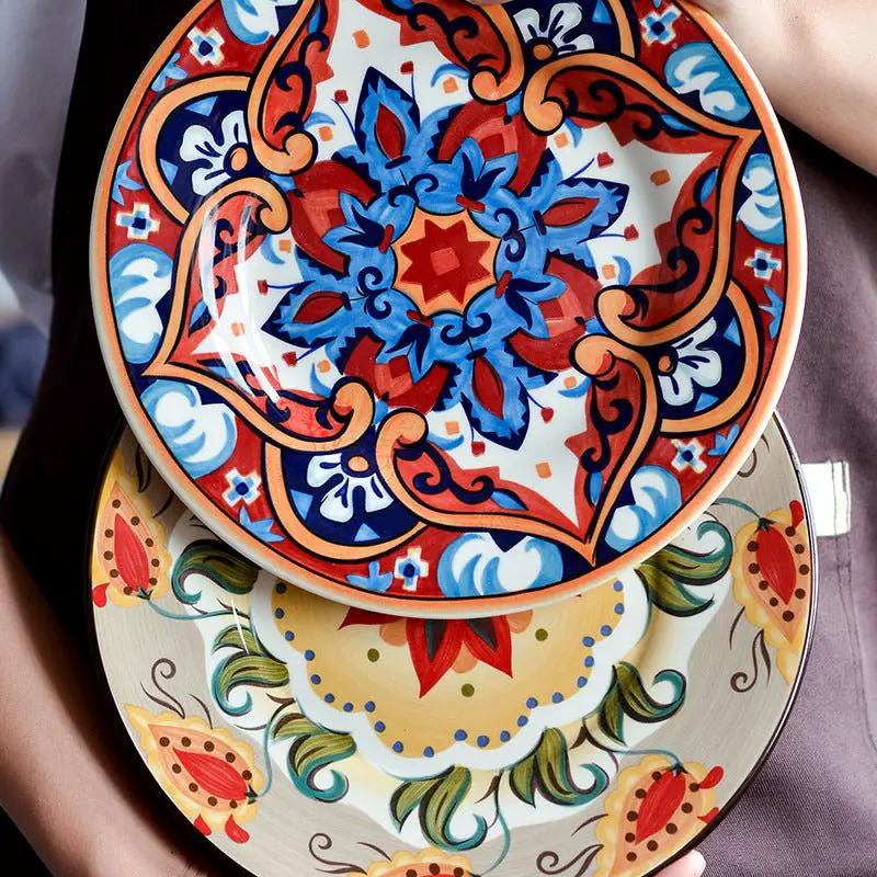 Bohemian Underglaze Ceramic Bowls Round Floral Design Artisanal Dinnerware Set For Everyday Table Decor by null