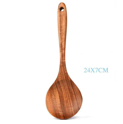 Teak Natural Wood Tableware Utensil Set With Spatulas Ladle Colander Rice Spoon And Soup Spoons by null