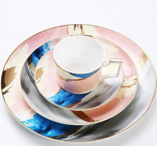 Watercolor Porcelain Dessert Plates With Gold Edge Trim For Elegant Table Setting And Fine Dining by null
