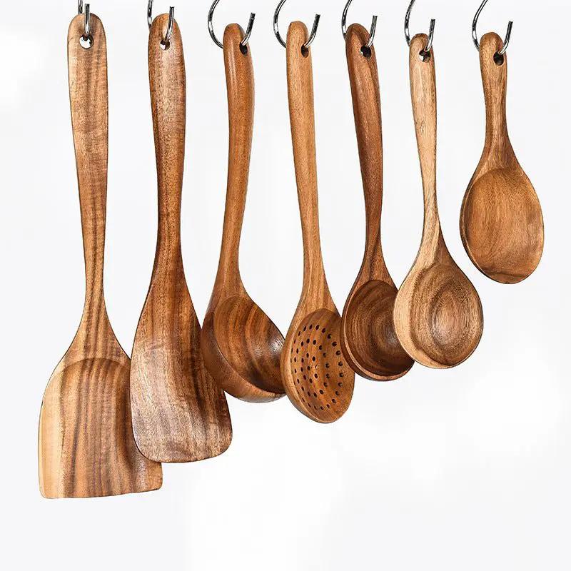 Teak Natural Wood Tableware Utensil Set With Spatulas Ladle Colander Rice Spoon And Soup Spoons by null