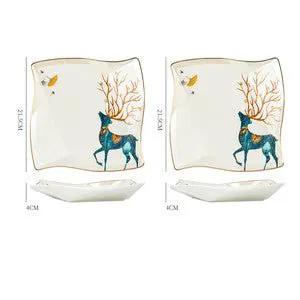 Nordic Style Porcelain Dinner Plates Set Ceramic Round Plates With Plants And Flowers Design by null