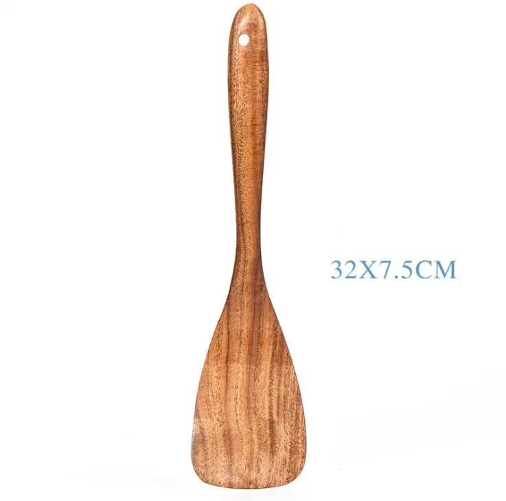 Teak Natural Wood Tableware Utensil Set With Spatulas Ladle Colander Rice Spoon And Soup Spoons by null