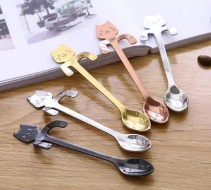 304 Stainless Steel Cat Handle Coffee Spoon With Hanging Hole Cartoon Design Colorful Options by null