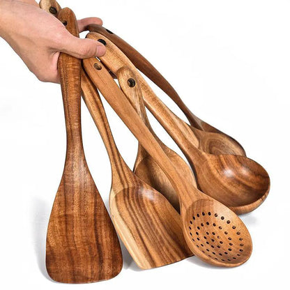 Teak Natural Wood Tableware Utensil Set With Spatulas Ladle Colander Rice Spoon And Soup Spoons by null