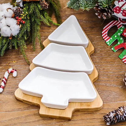 4 Piece Christmas Tree Ceramic Plates Set With Bamboo Stand For Holiday Serving Decoration And Gift by null