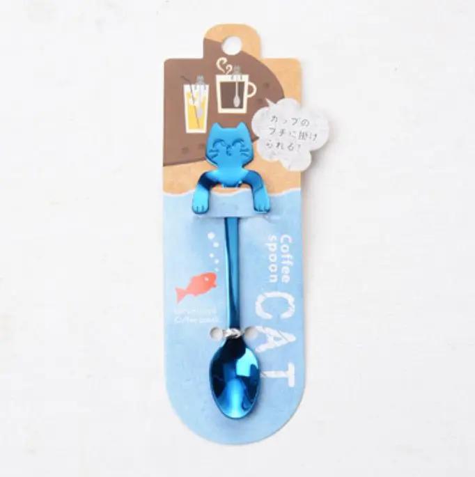 304 Stainless Steel Cat Handle Coffee Spoon With Hanging Hole Cartoon Design Colorful Options by null