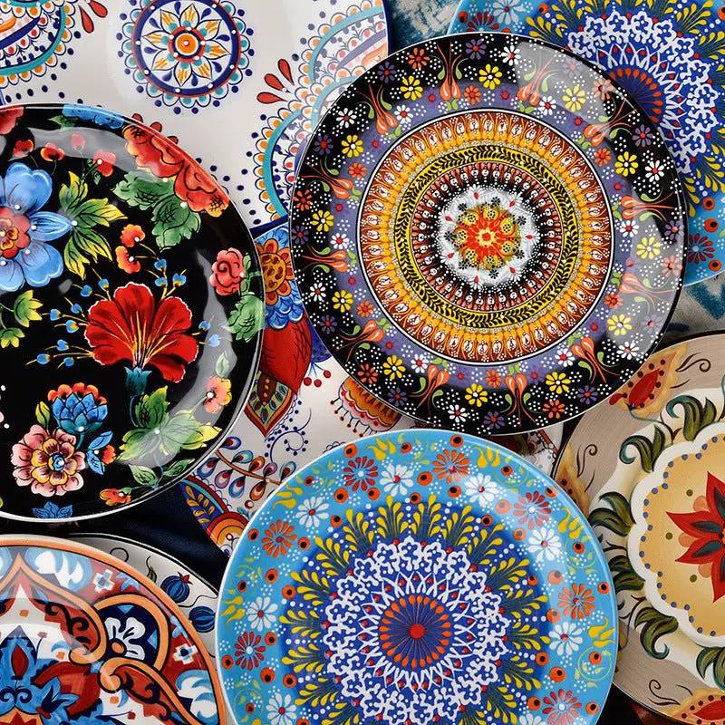 Bohemian Underglaze Ceramic Bowls Round Floral Design Artisanal Dinnerware Set For Everyday Table Decor by null