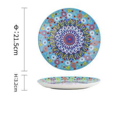 Bohemian Underglaze Ceramic Bowls Round Floral Design Artisanal Dinnerware Set For Everyday Table Decor by null