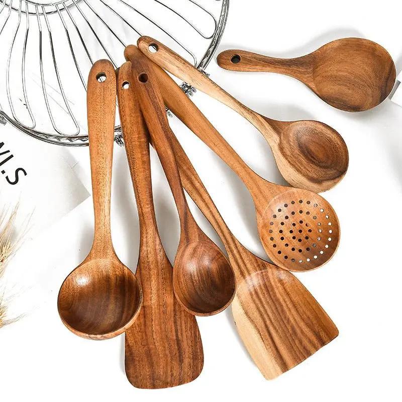 Teak Natural Wood Tableware Utensil Set With Spatulas Ladle Colander Rice Spoon And Soup Spoons by null