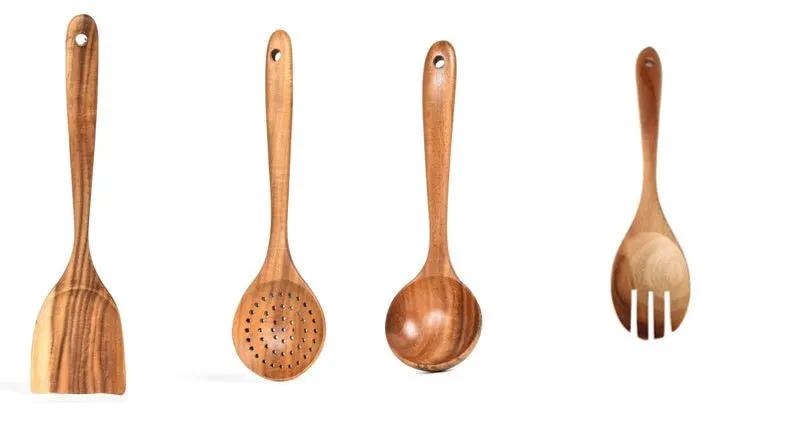Teak Natural Wood Tableware Utensil Set With Spatulas Ladle Colander Rice Spoon And Soup Spoons by null