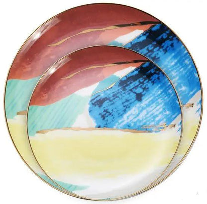 Watercolor Porcelain Dessert Plates With Gold Edge Trim For Elegant Table Setting And Fine Dining by null