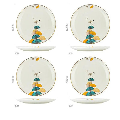 Nordic Style Porcelain Dinner Plates Set Ceramic Round Plates With Plants And Flowers Design by null
