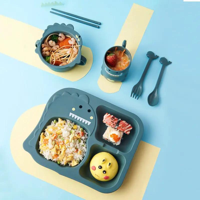 Baby Cartoon Dinosaur Tableware Set for Children Wheat Fiber Dinnerware Irregular Shapes 10 Cm Diameter by null