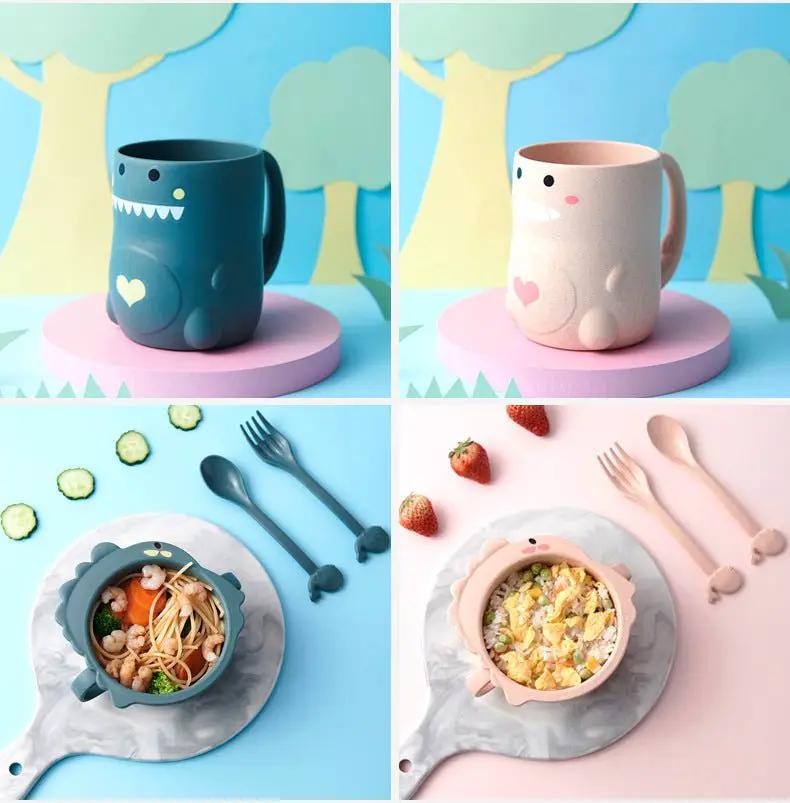 Baby Cartoon Dinosaur Tableware Set for Children Wheat Fiber Dinnerware Irregular Shapes 10 Cm Diameter by null