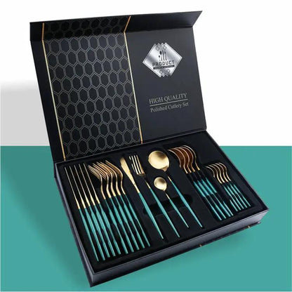 24 Piece 304 Stainless Steel Flatware Set Gift Box With Knife Fork Spoon Light Luxury Style Silver Gold by null