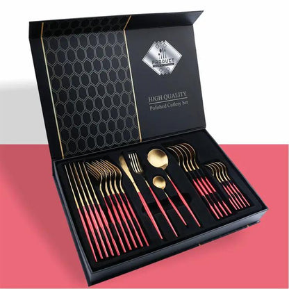 24 Piece 304 Stainless Steel Flatware Set Gift Box With Knife Fork Spoon Light Luxury Style Silver Gold by null