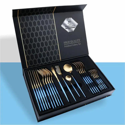 24 Piece 304 Stainless Steel Flatware Set Gift Box With Knife Fork Spoon Light Luxury Style Silver Gold by null