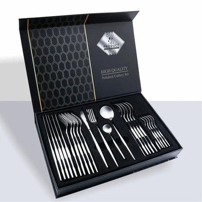 24 Piece 304 Stainless Steel Flatware Set Gift Box With Knife Fork Spoon Light Luxury Style Silver Gold by null