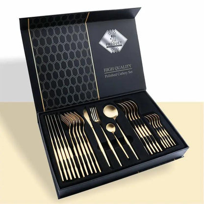 24 Piece 304 Stainless Steel Flatware Set Gift Box With Knife Fork Spoon Light Luxury Style Silver Gold by null