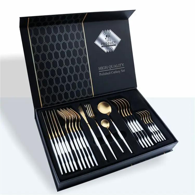 24 Piece 304 Stainless Steel Flatware Set Gift Box With Knife Fork Spoon Light Luxury Style Silver Gold by null