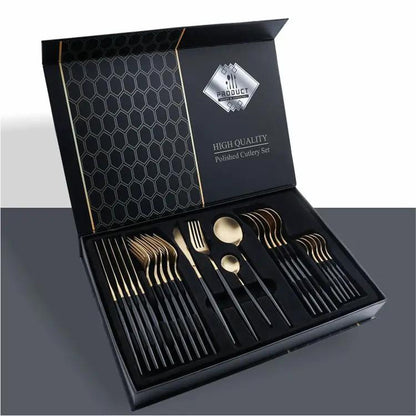 24 Piece 304 Stainless Steel Flatware Set Gift Box With Knife Fork Spoon Light Luxury Style Silver Gold by null