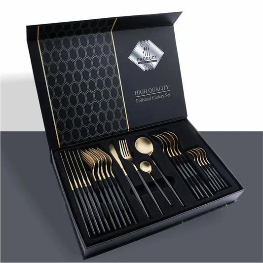 24 Piece 304 Stainless Steel Flatware Set Gift Box With Knife Fork Spoon Light Luxury Style Silver Gold by null