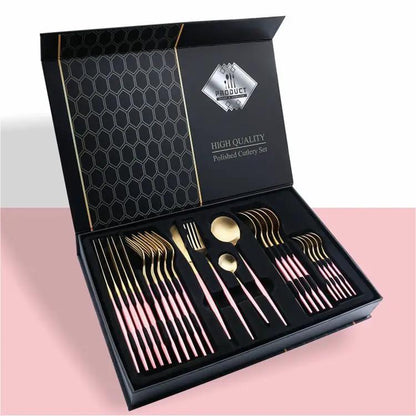 24 Piece 304 Stainless Steel Flatware Set Gift Box With Knife Fork Spoon Light Luxury Style Silver Gold by null