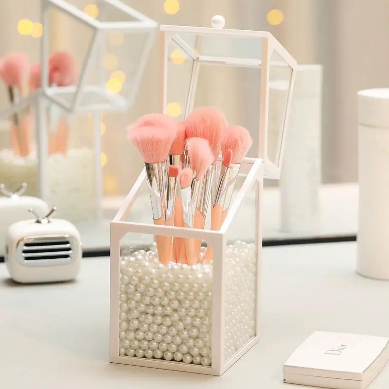 Transparent Glass Makeup Brush Holder Organizer For Vanity Table Keeps Cosmetic Brushes Neatly Stored by null