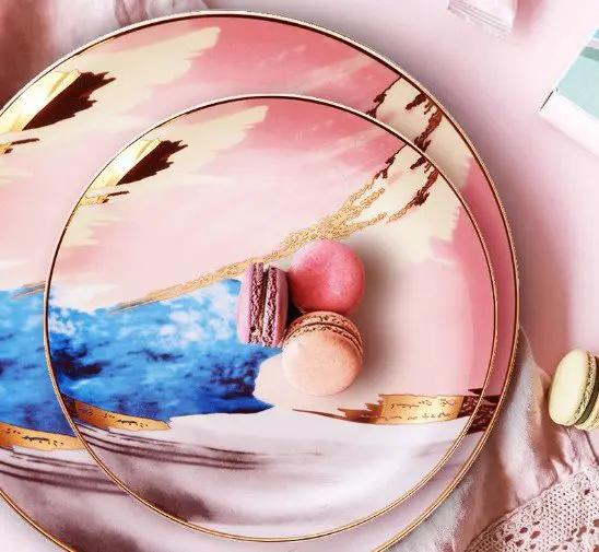 Watercolor Porcelain Dessert Plates With Gold Edge Trim For Elegant Table Setting And Fine Dining by null