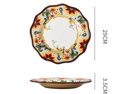 Bohemian Underglaze Ceramic Bowls Round Floral Design Artisanal Dinnerware Set For Everyday Table Decor by null
