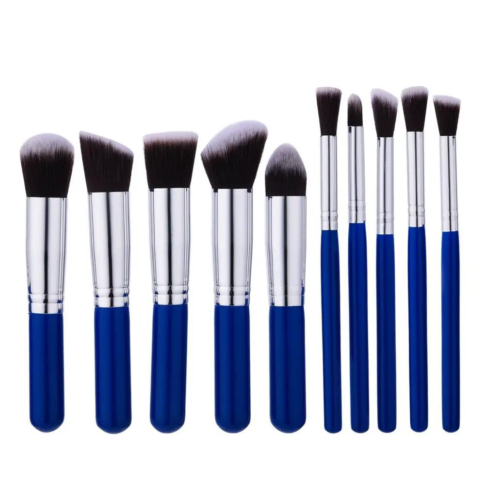 10 Piece Makeup Brush Set Nylon Bristles Wood Handle Portable Case Pink And Blue Tools For Foundation by null