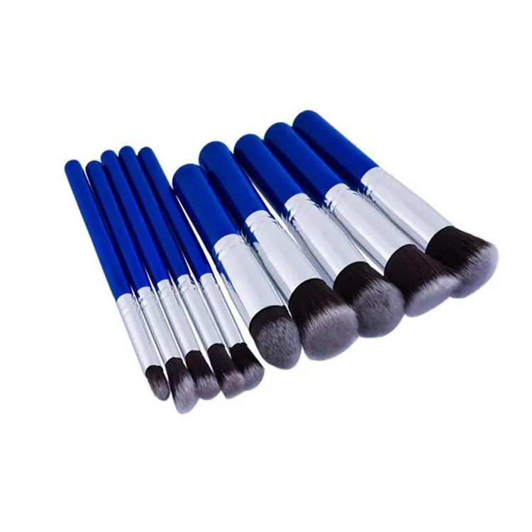 10 Piece Makeup Brush Set Nylon Bristles Wood Handle Portable Case Pink And Blue Tools For Foundation by null