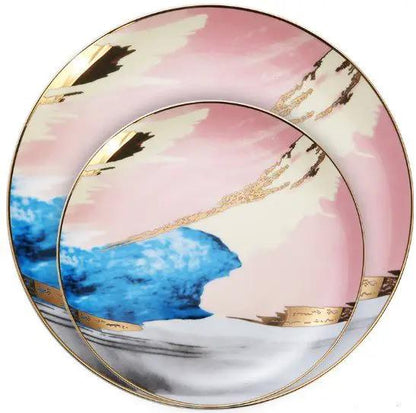 Watercolor Porcelain Dessert Plates With Gold Edge Trim For Elegant Table Setting And Fine Dining by null