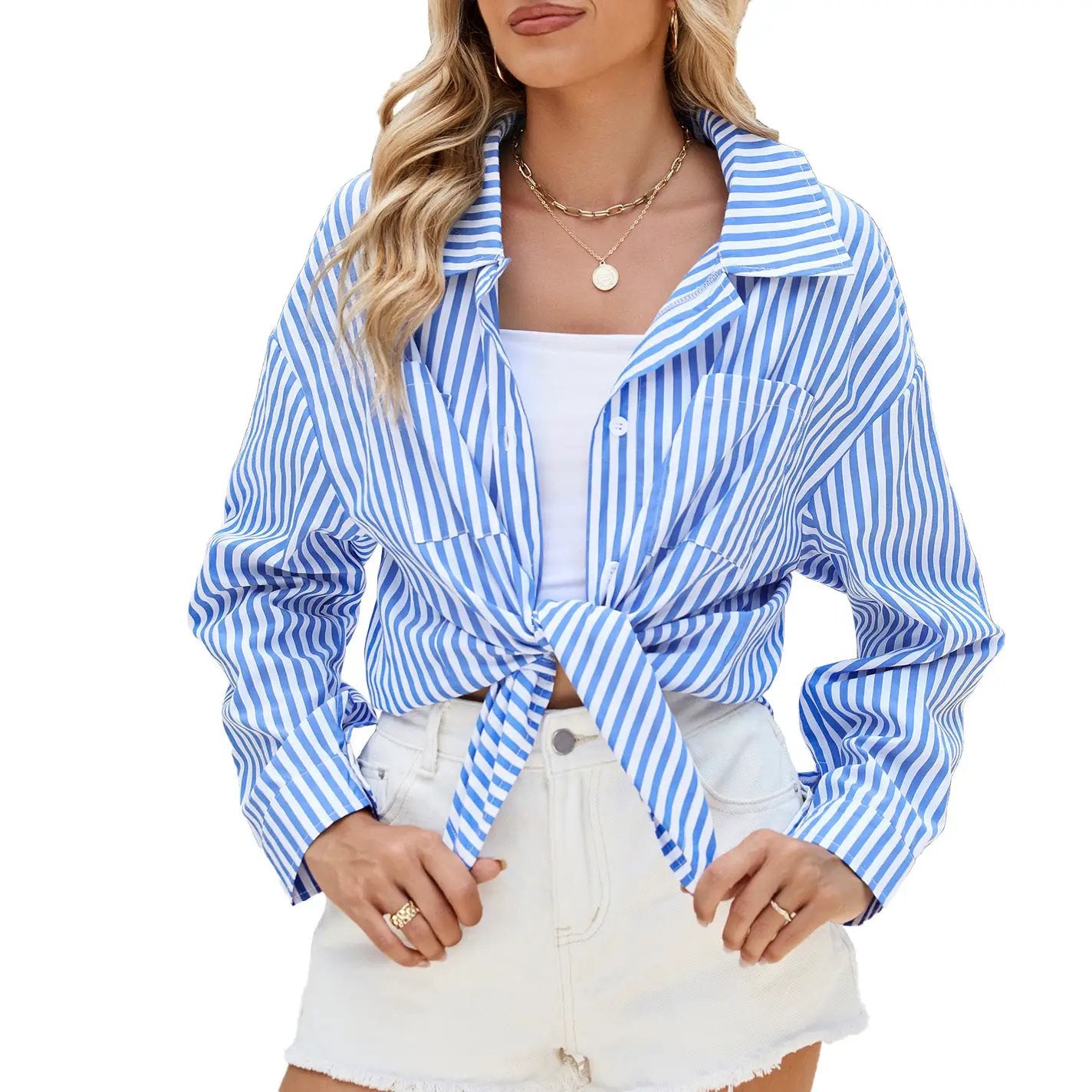 Fashion Striped Long Sleeve Shirt With Pockets Casual Loose Single-breasted Button Top Women Clothing by Zeny Home & Beauty