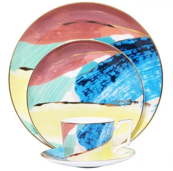 Watercolor Porcelain Dessert Plates With Gold Edge Trim For Elegant Table Setting And Fine Dining by null