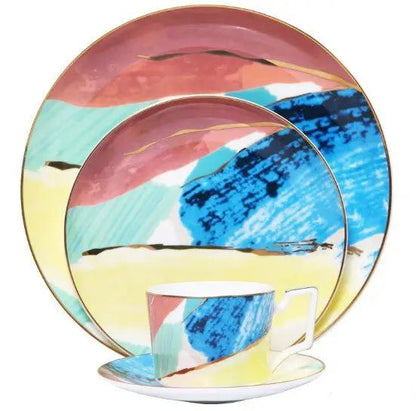 Watercolor Porcelain Dessert Plates With Gold Edge Trim For Elegant Table Setting And Fine Dining by null