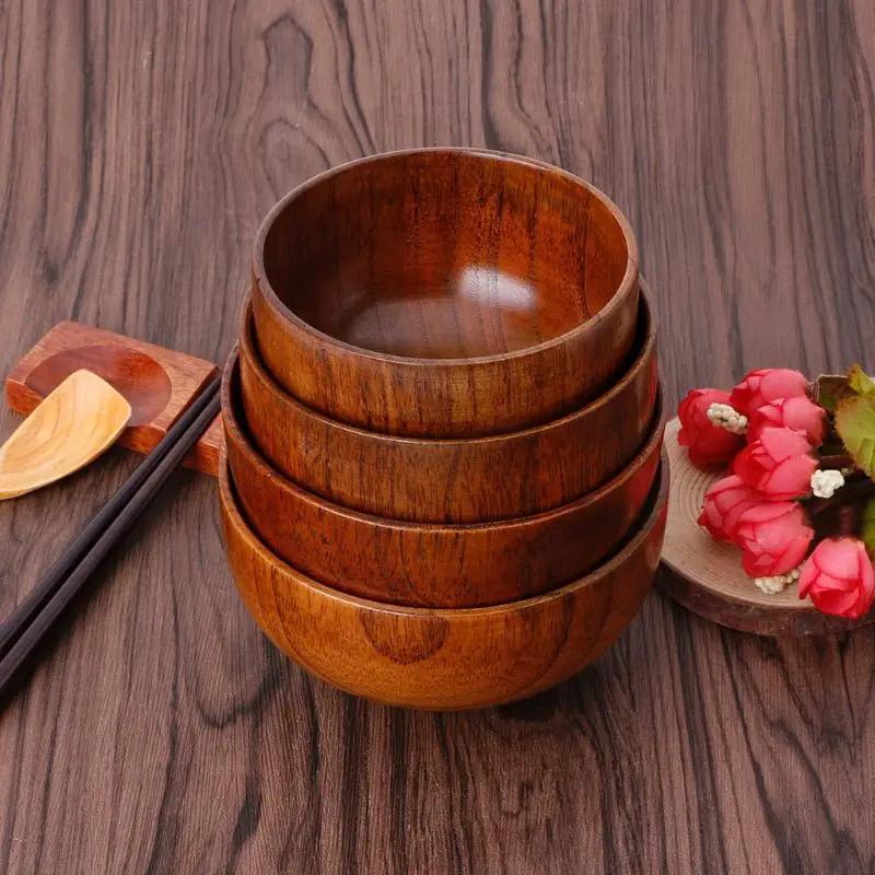 Wooden Round Bowls Set Four Pieces Natural Wood Color For Coffee Tea Meals Hotel Home Kitchen by null