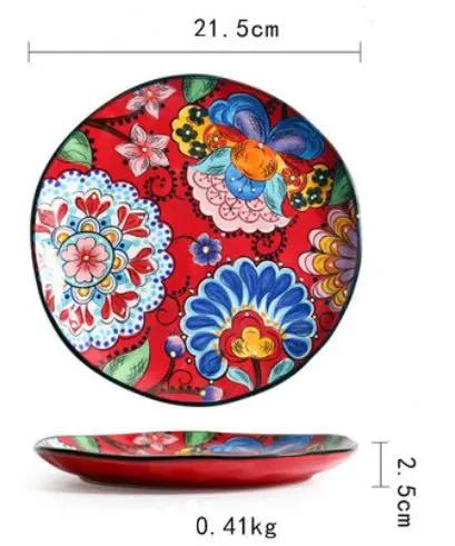 Bohemian Underglaze Ceramic Bowls Round Floral Design Artisanal Dinnerware Set For Everyday Table Decor by null