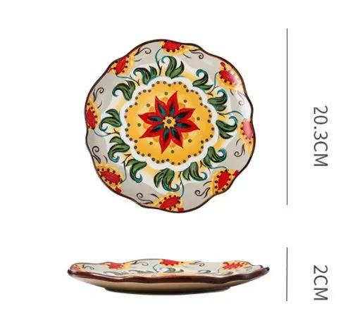 Bohemian Underglaze Ceramic Bowls Round Floral Design Artisanal Dinnerware Set For Everyday Table Decor by null