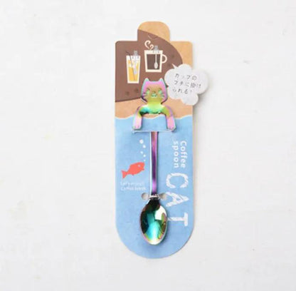 304 Stainless Steel Cat Handle Coffee Spoon With Hanging Hole Cartoon Design Colorful Options by null
